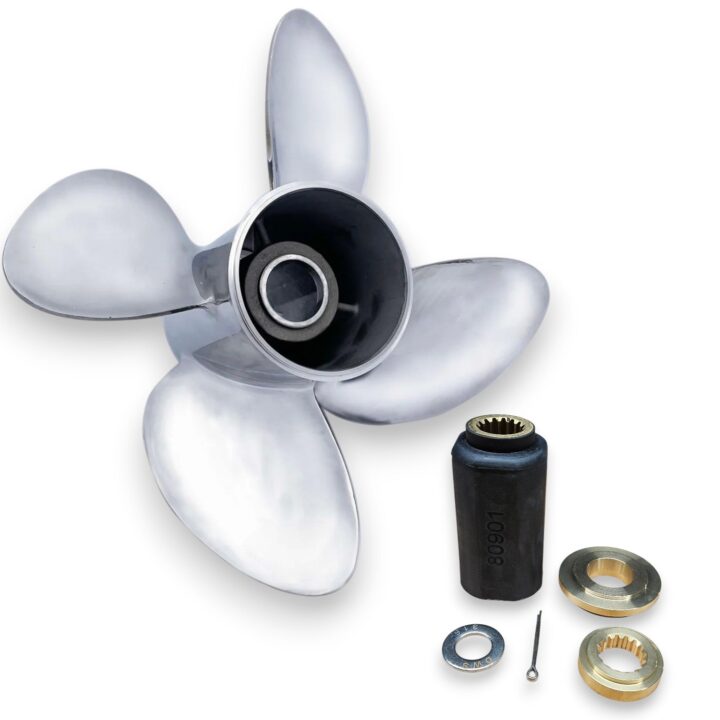 60-140hp Suzuki Johnson TorqueMaster VX Series Polished Stainless 4-Blade RH Rotation Propellers with Hub Kits - 13" x 21"